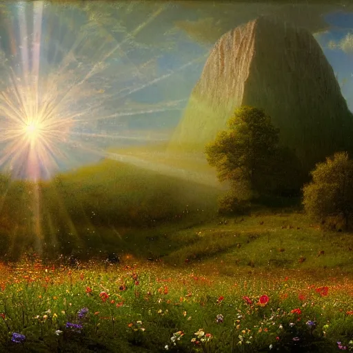 Prompt: rhythmic interval tectonic surfaces as resonant waves of harmonic organic mystical megastructure crystal lattice pyramid architectures exploding with light and god rays in a meadow full of wildflowers by albert bierstadt, by glen small, photorealistic, god rays, octane, depth of field, holy spirit