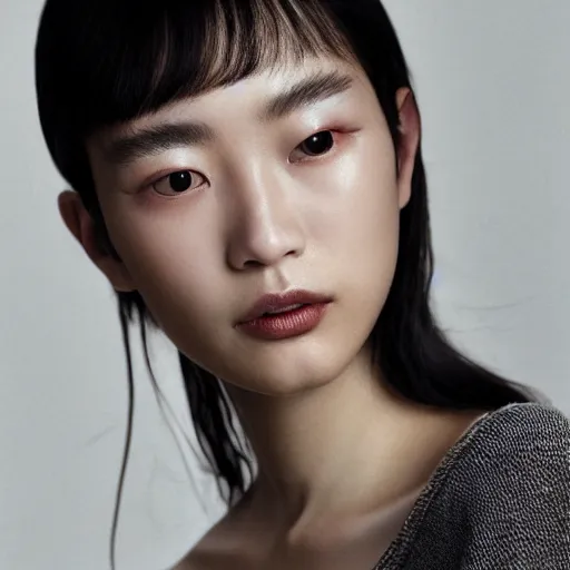 Prompt: a muted colors natural make-up portrait Photograph of a Japanese model, editorial story, Vogue France, editorial photographer by Peter Gehrke