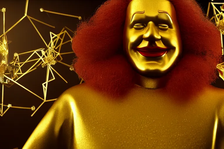 Image similar to a still of ronald mcdonald surrounded by gold and diamonds, award - winning, photograph, 3 d render, unreal engine, 4 k detailed