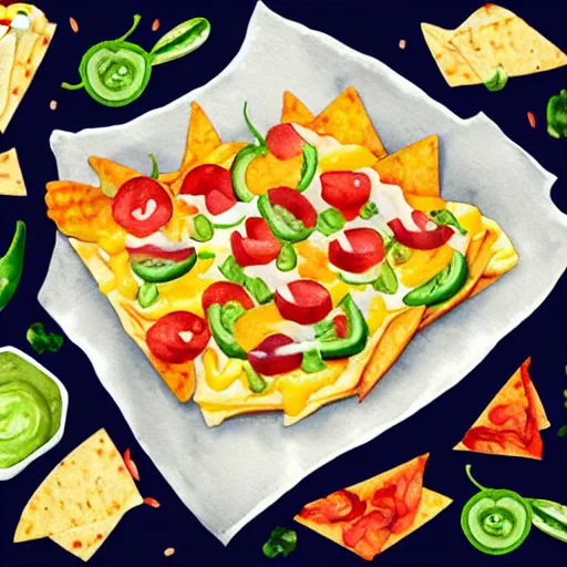 Image similar to watercolor nachos with cheese and jalapeno illustrations, white background, front camera view, forward facing, drawing, cartoon, in the style of shyama golden