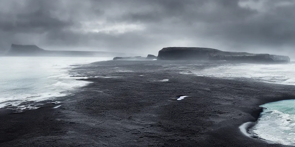 Prompt: icelandic coast. black sand. dramatic sky. cinematic. intricate. mist. low angle wide shot. highly detailed. matte painting in the style of craig mullins.