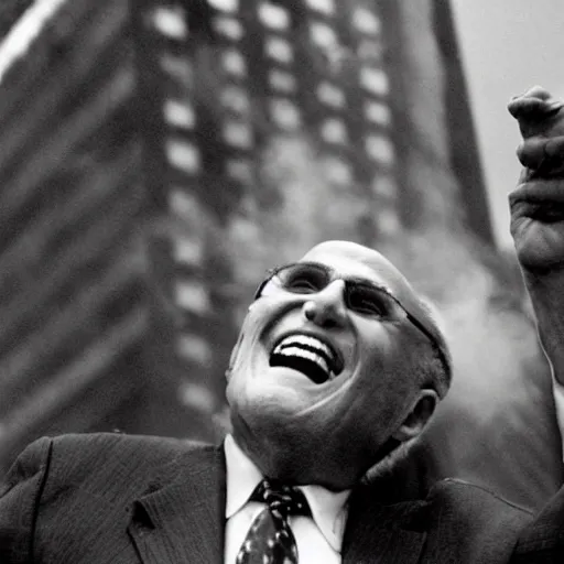 Image similar to color crt surveillence footage hyper detailed focused closeup fish eye lens photograph of Rudy Giuliani laughing hysterically tap dancing on top of the world trade center rubble pile smoking in ny on 9/11/01 september 11th