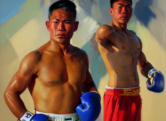 Prompt: greg manchess portrait of a filipino boxer in a victorious pose in an arena, organic painting, sunny day, matte painting, bold shapes, hard edges, street art, trending on artstation, by huang guangjian, gil elvgren, ruan jia, randy vargas, greg rutkowski