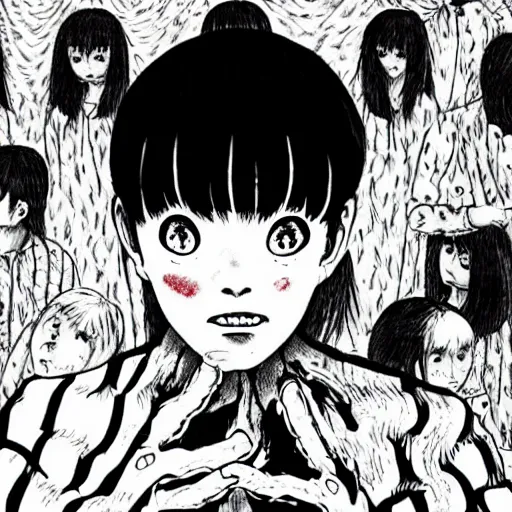 Prompt: i cant be honest with my feelings, drawn by junji ito