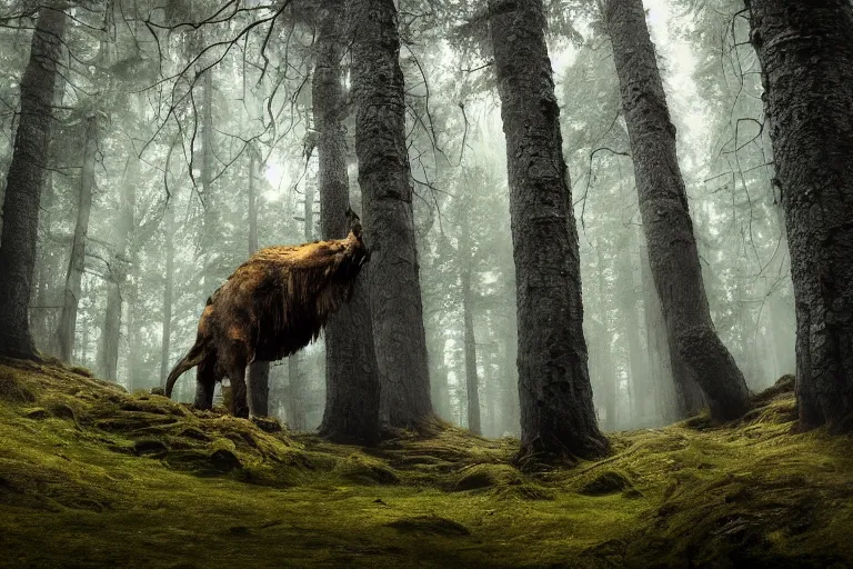 Prompt: mythological creature standing in a swedish forest very low angle photograph trending on artstation