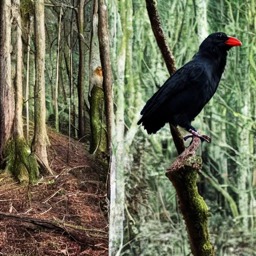 Image similar to crossbreed between a human male and crow, photograph captured in a forest