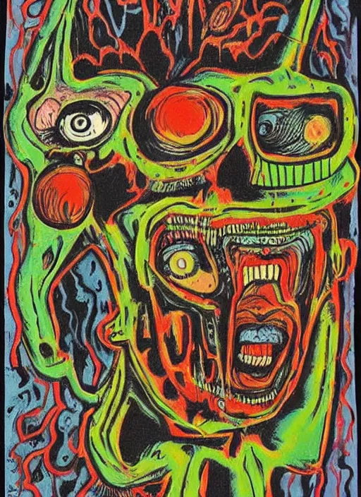 Image similar to a horror mad portrait of extraterrestrial art brut by a psycho man, full color outsider crazy marginal art