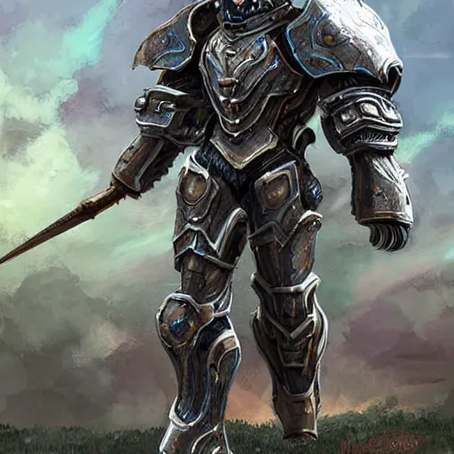 Prompt: “digital painting of a fantasy hero in highly detailed, very intricate mech armor in a farming village.”