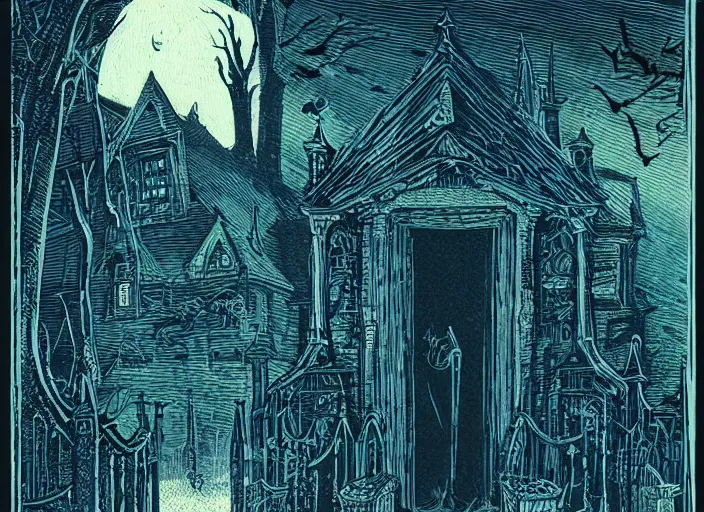 Image similar to blue woodcut print, halloween whitch in graveyard at midnight by greg rutkowski, fine details, highly detailed