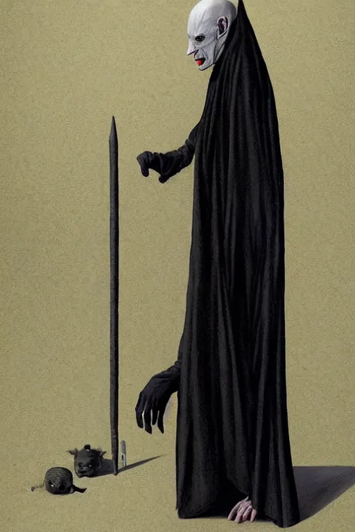 Image similar to a bald vampire wearing a long black robe with large bat ears huge black eyes and gray skin, character art, nosferatu, painting by wayne barlowe