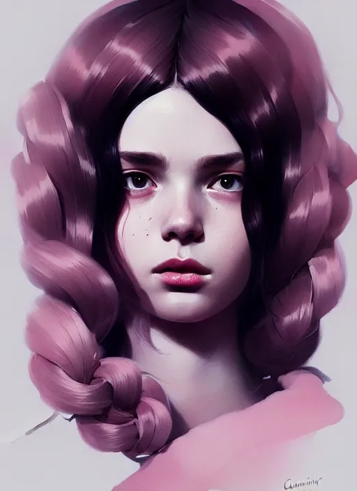 Prompt: highly detailed portrait of clairelynnd, photographic realistic background, ringlet hair by atey ghailan, by greg rutkowski, by greg tocchini, by james gilleard, by joe fenton, by kaethe butcher, gradient pink, black, cream and white color scheme, trending in instagram, award winning details