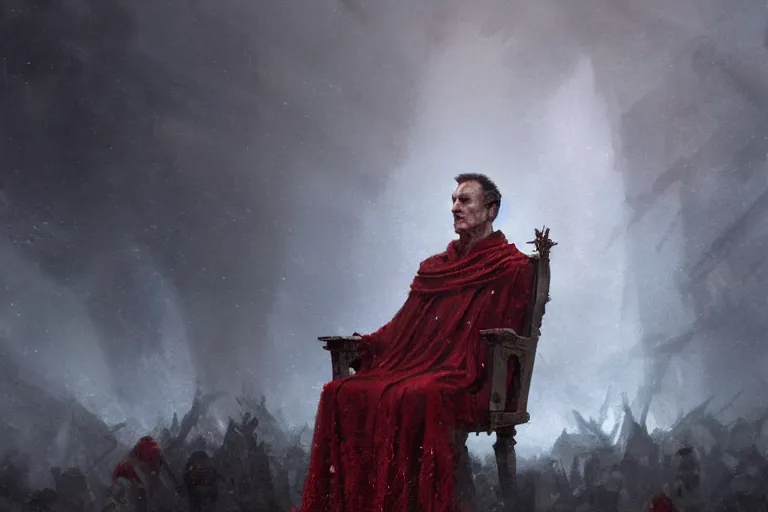 Image similar to the end is near. a tired julius caesar is sitting on his throne. face is highly detailed. splices of red are running down his toga. mist. color scheme red. low angle medium shot. imagined by greg rutkowski and jeremy lipking