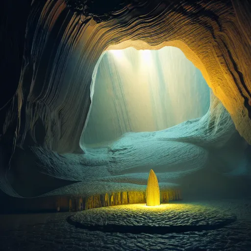 Prompt: light is mine to travel,beyond time ,the cathedrals in a underground vast cave canyon grotto of life the beginning , geological strata,ground mist, falling water,deep clear pools of water, hyper-maximalist,micro details, 3d sculpture,,digital rendering,octane render , 4k, artstation, concept art ,amazing lighting, f32,deep depth of field,photographic, wide angle,cinematic lighting