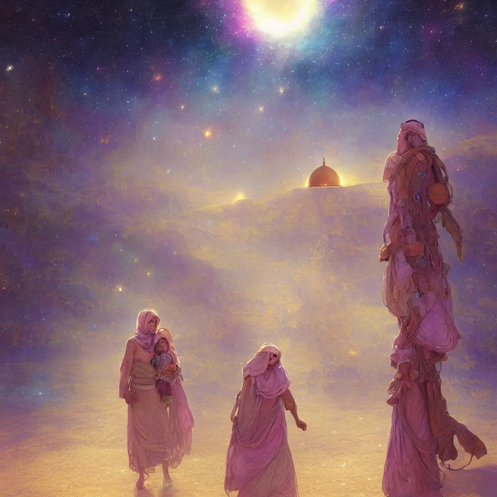 Image similar to bedouin man and woman and child in galaxy walking towards mosque surrounded by nebula, highly detailed, gold filigree, romantic storybook fantasy, soft cinematic lighting, award, disney concept art watercolor illustration by mandy jurgens and alphonse mucha and alena aenami, pastel color palette, featured on artstation