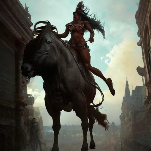 Image similar to a 40 foot tall centaur with a bull's head, nightmare fuel, highly detailed, digital painting, artstation, concept art, sharp focus, illustration, cinematic lighting, art by artgerm and greg rutkowski and alphonse mucha