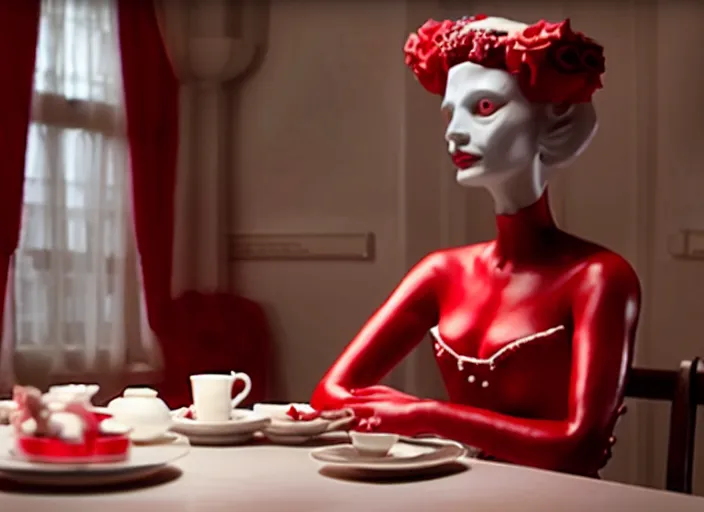 Image similar to movie still of a woman in a red dress made out of porcelain sitting at a table in a cafe, smooth white skin, creepy, directed by Guillermo Del Toro