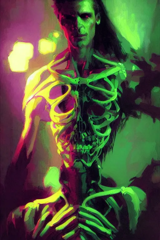 Prompt: neon green skeleton in a purple room portrait dnd, painting by gaston bussiere, craig mullins, greg rutkowski, yoji shinkawa