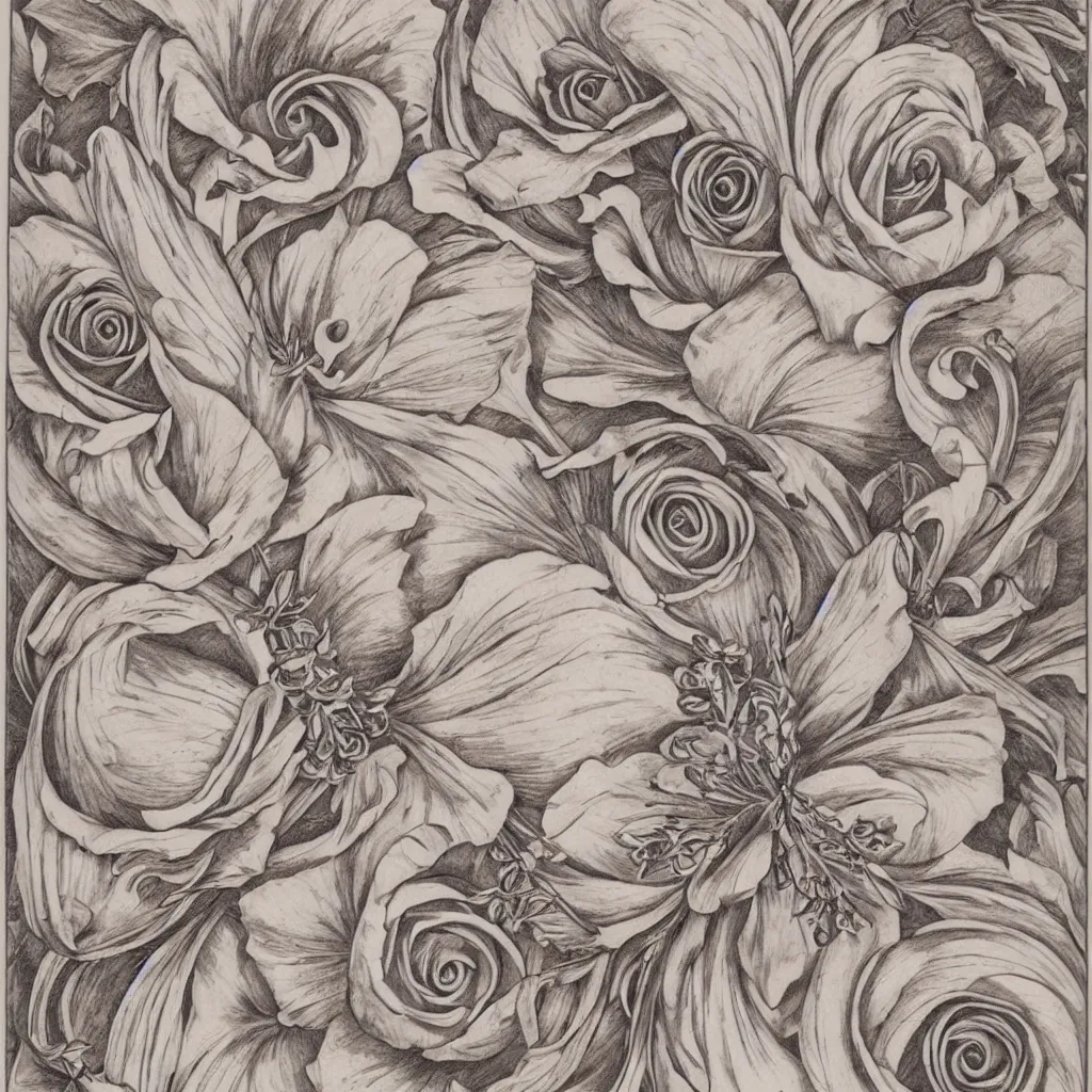 Prompt: beautiful decorative classical ornamental tattoos, fibonacci rhythms, roses, lilies, rose petals, lily petals, acanthus scrolls, highly detailed etching, bilaterally symmetrical, small medium and large elements