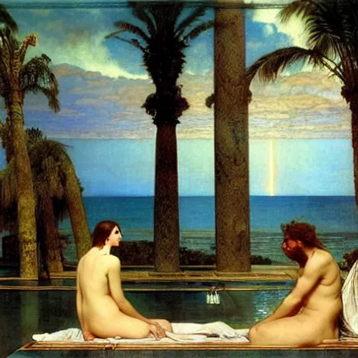 Image similar to The giant column, thunderstorm, greek pool, beach and palm trees on the background major arcana sky, by paul delaroche, alphonse mucha and arnold böcklin arnold böcklin hyperrealistic 8k, very detailed