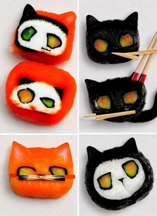 Image similar to clear photorealistic picture of adorable cats made out of sushi