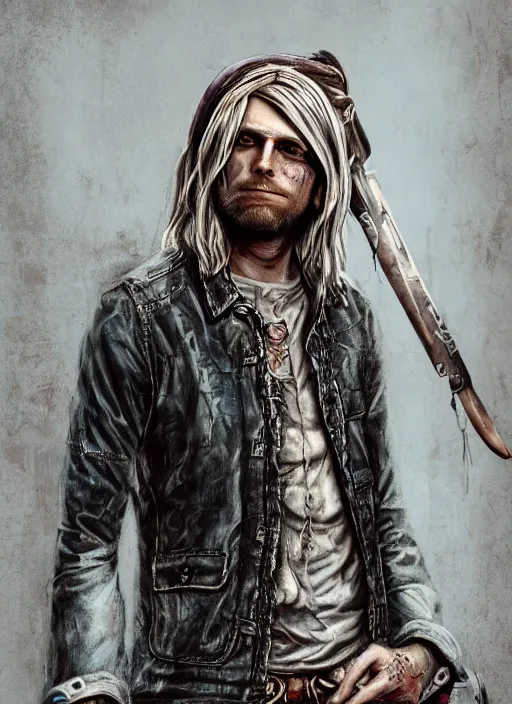 Prompt: detailed full body concept art illustration matte painting of kurt cobain pirate in full intricate clothing, ultra detailed, digital art, octane render, 4K, dystopian, micro details