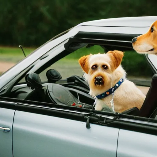 Prompt: hasselblad dogs driving realistic dog behind the wheel of a convertible car with someone in the back seat taking photos film analog sharp focus
