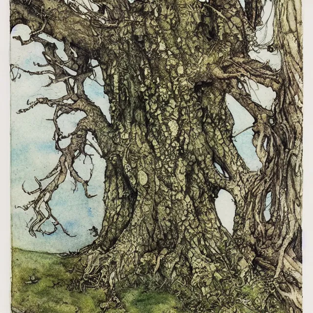 Image similar to a detailed, intricate watercolor and ink illustration with fine lines, of a mossy oak tree, by arthur rackham and edmund dulac and ted nutall