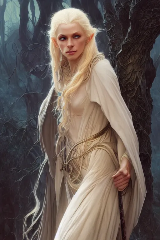 Image similar to portrait of an old blonde elven mage, dark, piercing eyes, gentle expression, elegant clothing, photorealistic, highly detailed, artstation, smooth, sharp focus, art by michael whelan, artgerm, greg rutkowski and alphonse mucha