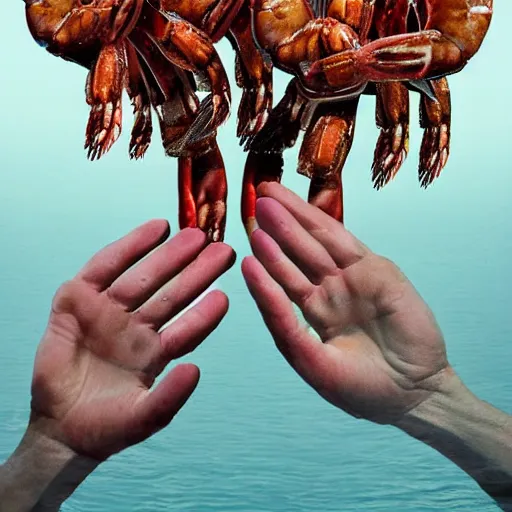 Image similar to Tom Hanks as forrest gump with giant shrimp heads as hands, digital art, photoreailstic, amazing detail