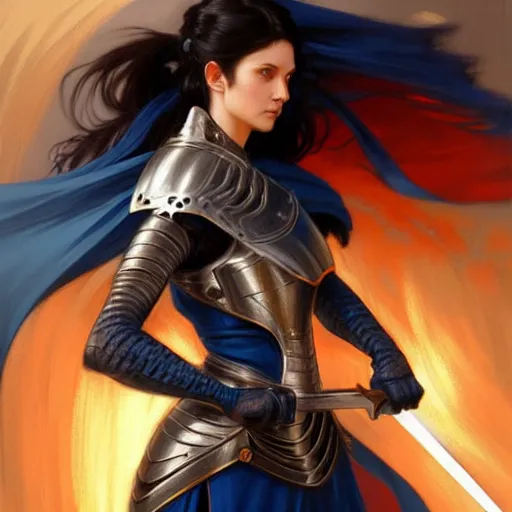 Prompt: portrait, woman dressed in plate armor with black hair and blue eyes wielding a greatsword, elegant, digital illustration, fire magic, detailed, intricate, sharp focus, digital painting, deep focus, digital painting, artstation, concept art, matte, art by artgerm and greg rutkowski and alphonse mucha