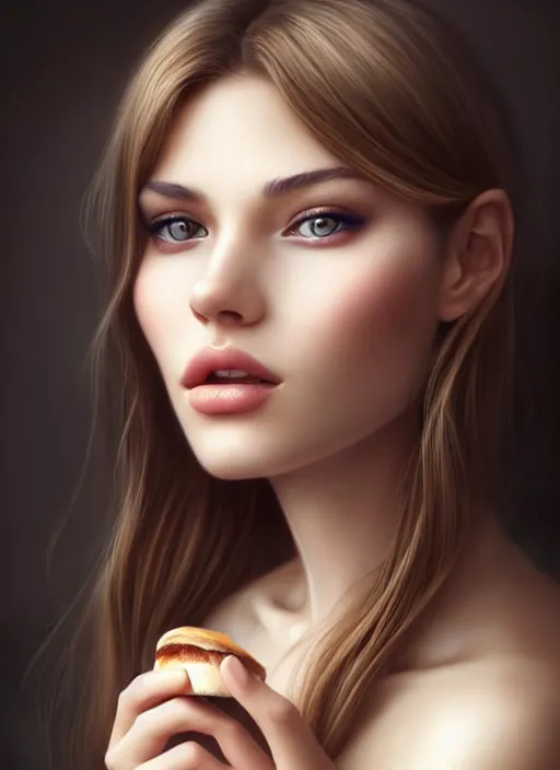 Image similar to a gorgeous female photo, professionally retouched, soft lighting, holding a subway sandwich, realistic, smooth face, perfect eyes, wide angle, sharp focus on eyes, 8 k high definition, insanely detailed, intricate, elegant, art by artgerm and wlop