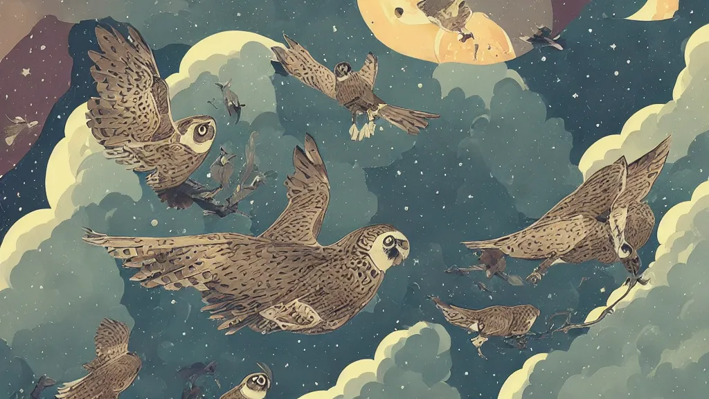 Prompt: very detailed, ilya kuvshinov, mcbess, rutkowski, victo ngai, watercolor illustration of owls flying at night, colorful, mural, deep shadows, astrophotography, highly detailed