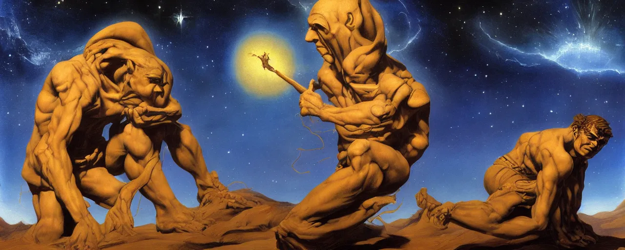 Image similar to solitude of wise hunchback Sand Deity, under galactic quarrel minatory sky, in the style of Frank Frazetta, Jeff Easley, Caravaggio, extremely clear and coherent, clear lines, 8K resolution