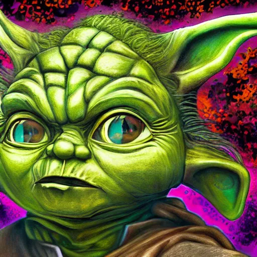 Image similar to yoda terminator, graffiti city covered in vegetation, highly detailed, smooth color composition, digital art masterpiece