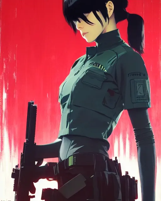 Image similar to girl wearing in tactical gear | | audrey plaza, fine detail!! anime!! realistic shaded lighting!! dramatic!! poster by ilya kuvshinov katsuhiro otomo ghost - in - the - shell, magali villeneuve, artgerm, jeremy lipkin and michael garmash and rob rey