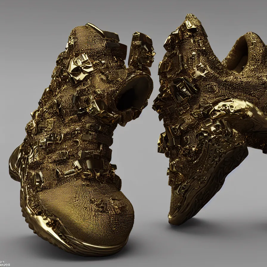 Image similar to futuristic balenciaga sneakers, nft art, highly detailed, hyper realistic, a ton of bussdown iced gold bling in wallace & gromit strata - cut claymation, ultra realistic, concept art, intricate details, serious, highly detailed, photorealistic, octane render, 8 k, unreal engine