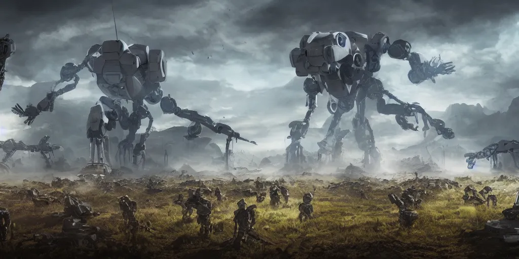 Prompt: a robot warzone on shrubland garigue, matte painting, concept art, 4 k