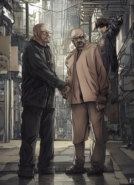 Prompt: manga cover, walter white and tony soprano shaking hands at the badabing, intricate cyberpunk city, emotional lighting, character illustration by tatsuki fujimoto