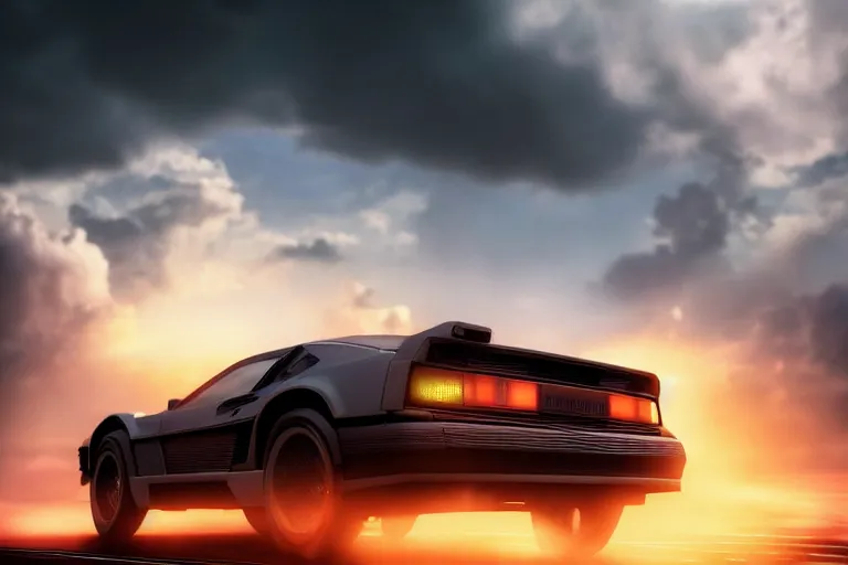 Image similar to Delorian on a road, huge clouds, sunset in the background , ultra low camera angle, super wide lens, tilted camera, high speed motion, cinematic, ultra resolution, octane render, top trending artstation, 4k, 8k, hyper realistic, digital art, incredible details,