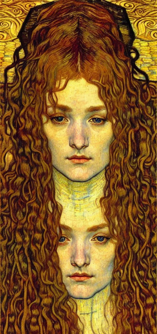 Image similar to detailed realistic beautiful young medieval queen face portrait by jean delville, gustav klimt and vincent van gogh, art nouveau, symbolist, visionary, gothic, pre - raphaelite, muted earthy colors, desaturated