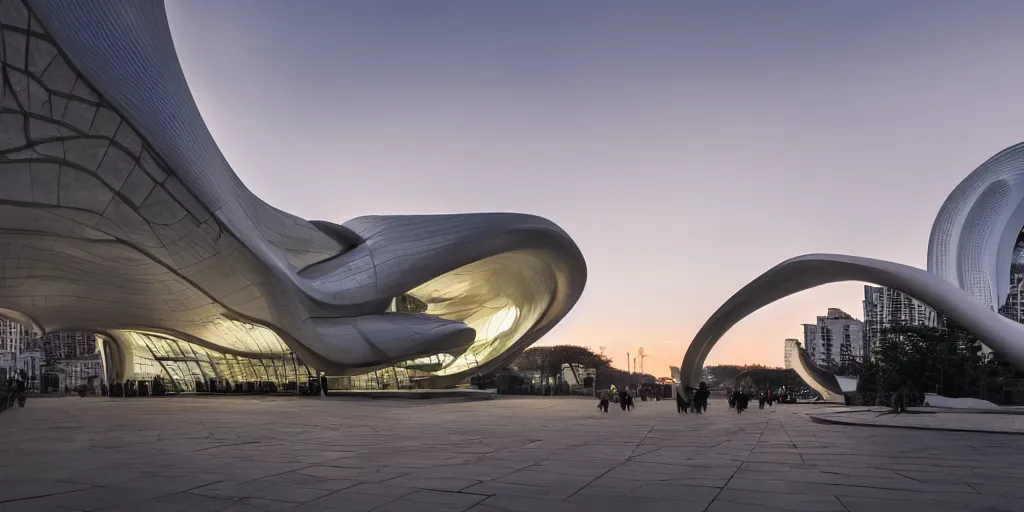 Image similar to extremely elegant smooth detailed stunning sophisticated beautiful elegant futuristic museum exterior by Zaha Hadid, Milan buildings in the background, smooth curvilinear design, stunning volumetric light, stainless steal, concrete, translucent material, beautiful sunset, tail lights