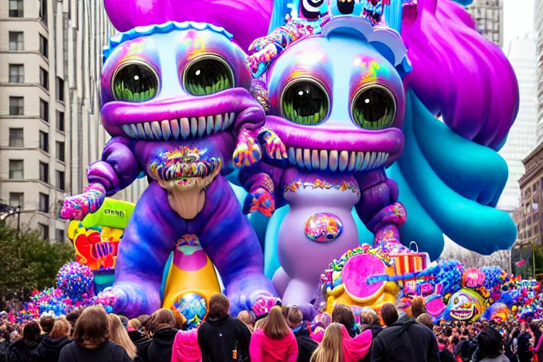 Prompt: photo of giant cute elaborate parade float character designed by ( ( ( ( ( ( ( ( lisa frank ) ) ) ) ) ) ) ) and giger!!!!!!!!!!!!!!, in the macys parade, detailed 4 k photo,