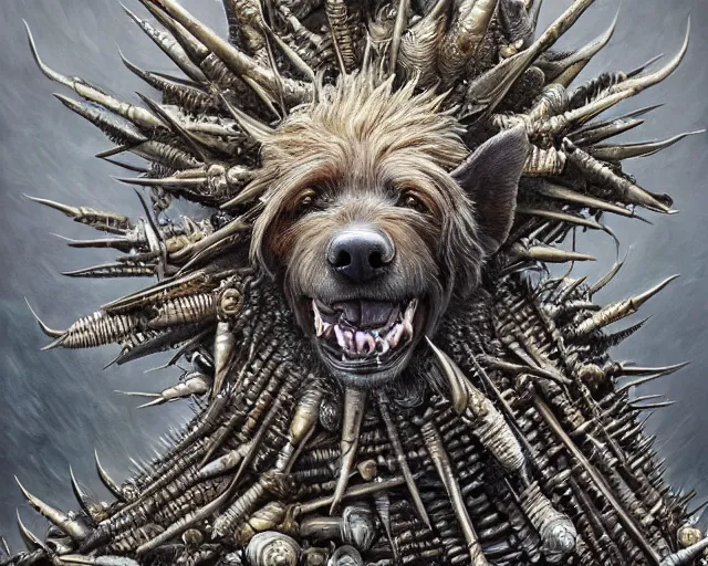 Image similar to Haunting horrifying hyperrealistic detailed painting of a dog canine creature sitting atop a giant throne of spikes, heavy metal, disgusting, creepy, unsettling, in the style of hyper detailed, trending on Artstation