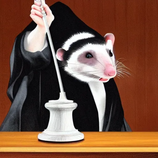 Prompt: an opossum as a judge wearing a black robe, sitting behind the desk in court, slamming his gavel, angry looking