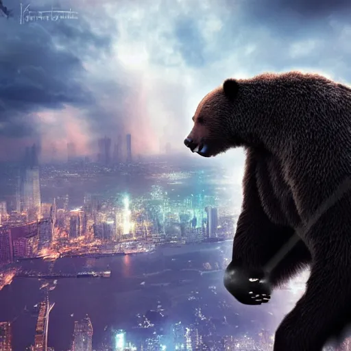 Prompt: ! dream a giant angry bear attacking the city, photomanipulation, photoshop, digital art