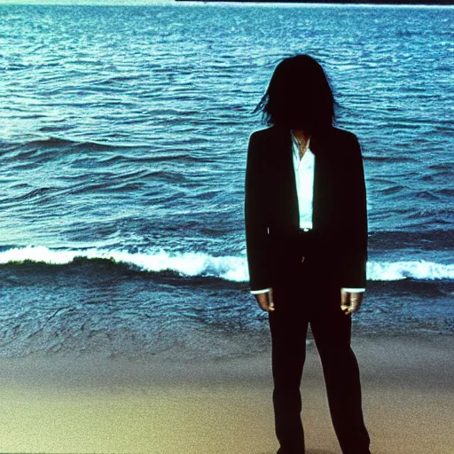 Prompt: japanese man with long hair wearing a beige suit and black pants standing in the ocean, facing the camera, sunset, night, wide shot, ((tatsuro yamashita)), album cover, 1980s japan, grammy award winning