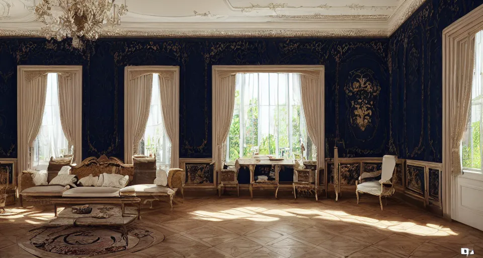 Image similar to view into an ornate baroque room with navy blue damask walls and mahogany floor, windows looking out at neatly manicured lawn and hedges, 8 k, octane render
