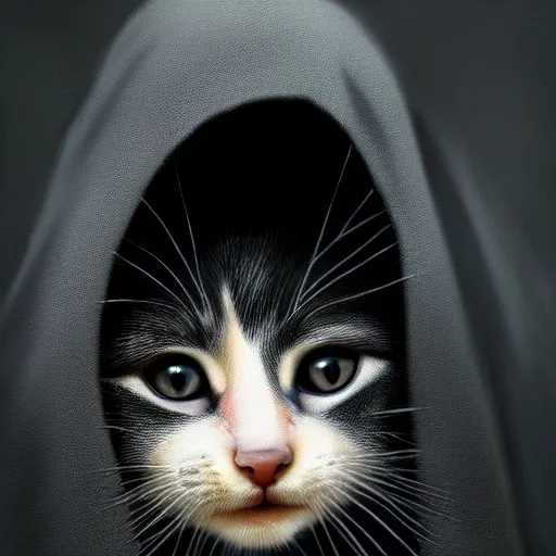 Image similar to a portrait of a kitten wearing a black hood, cloak covering face, anatomically correct, beautiful perfect face, enigmatic, oil painting, matte, black background, Volumetric dynamic lighting, Highly Detailed, Cinematic Lighting, Unreal Engine, 8k, HD, by Beksinski