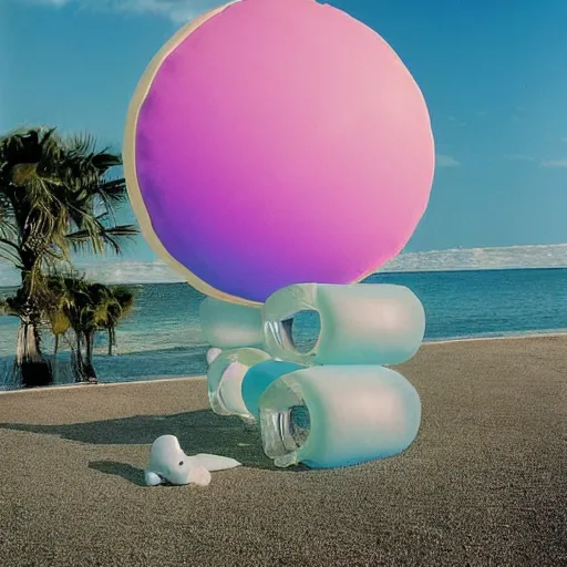 Prompt: a pastel colour high fidelity wide angle Polaroid art photo from a holiday album at a seaside with abstract inflatable rubber furniture, all objects made of transparent iridescent Perspex and metallic silver, iridescence, nostalgic