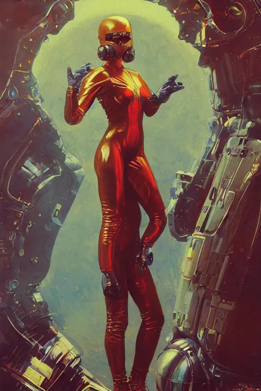 Prompt: pulp scifi fantasy illustration full body portrait of elegant woman wearing latex spacesuit on alien planet, by norman rockwell, jack kirby, bergey, craig mullins, ruan jia, jeremy mann, tom lovell